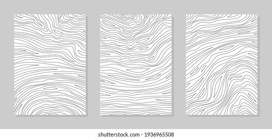 Set of three abstract paintings. Black thin wavy stripes on a white background. Interior decoration, cover of brochure, booklet, flyer. Simple style, contemporary art, minimalism. Vector illustration.