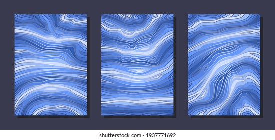 Set of three abstract paintings in blue tones. Wavy lines, curls, imitation of water, sea, ocean, waves, marble. Bright colors, dark and light blue stripes. Interior decoration, cover of brochure.