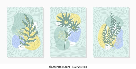 Conjunto de tres cuadros abstractos. Tema de las plantas. Textura de fondo rayada, amarillo, azul, manchas verdes, hojas y ramas. Estilo sencillo, minimalismo. Pinturas murales para la decoración interior, portada de folletos.