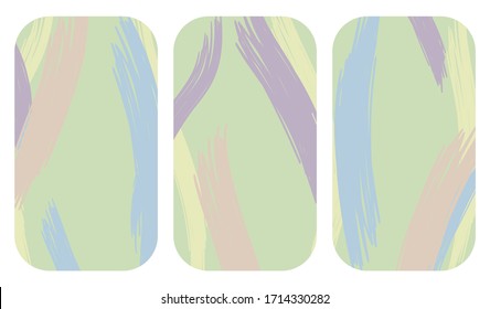 Set of three abstract pastel vertical backgrounds with rounded edges for social networks with place for text. Copy space. Hand drawn doodle of various shapes. Modern trendy vector illustration