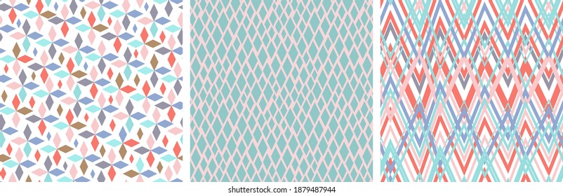 A set of three abstract patterns. Delicate vectors with zigzags, jagged lines and mosaic patterns on white and turquoise. Three seamless patterns with Rose Quartz, Peach Echo, Serenity, Limpet Shell, 