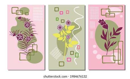 Set aus drei abstrakten Mustern mit violetten Blumen und geometrischen Figuren für die Gestaltung von Postkarten, Broschüren, Wanddekor. Vektorgrafik