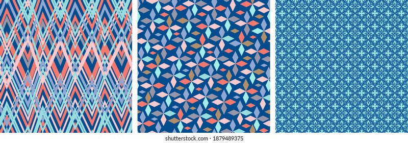 A set of three abstract patterns. Vectors with zigzags, and different mosaic patterns in blue and turquoise. Three seamless patterns with Rose Quartz, Peach Echo, Serenity, Limpet Shell, Lilac Gray 