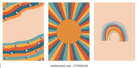 Set of three abstract pop art aesthetic backgrounds with sun lights, stars, Boho rainbow, waves, dots, thin lines. Trendy colorful vector illustration for social media, wed design, in vintage style.