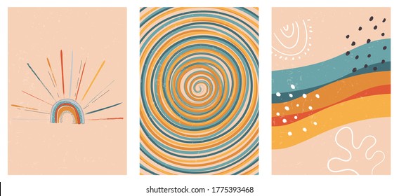 Set of three abstract pop art aesthetic backgrounds with sun lights, stars, Boho rainbow, waves, dots, spiral lines. Trendy colorful vector illustration for social media, web design in vintage style.