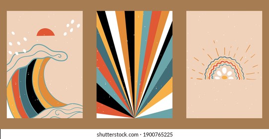 Set of three abstract pop art aesthetic backgrounds with different shapes, boho rainbow, waves, dots, thin lines. Trendy colorful vector illustration for social networks, web design, in vintage style.