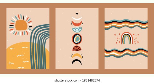 Set of three abstract pop art aesthetic backgrounds with sun, Boho rainbow, waves, dots, thin lines, plants. Trendy colorful vector illustration for social media, wed design, in vintage style.