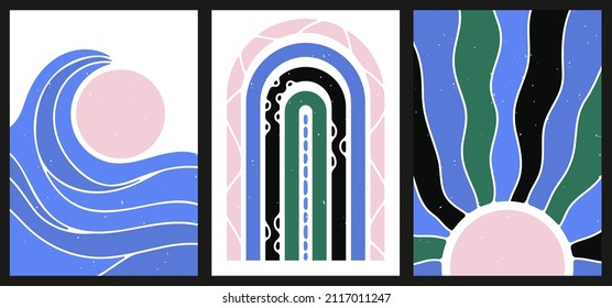 Set of three abstract pop art aesthetic backgrounds with different shapes, boho rainbow, waves, dots, thin lines. Trendy colorful vector illustration for social networks, web design, in vintage style.