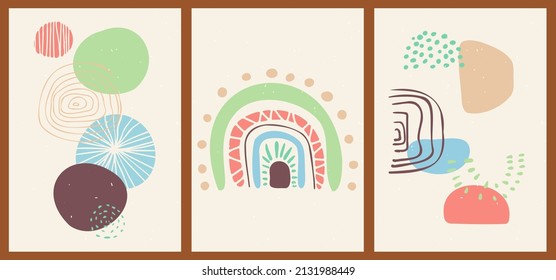 Set of three abstract pop art aesthetic backgrounds with patterns, shapes, Boho rainbow, waves, dots, thin lines. Trendy colorful vector illustration for social media, wed design, in vintage style.