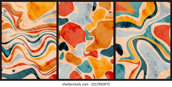 Set of three abstract pop art aesthetic backgrounds with different shapes, waves, dots, thin lines. Trendy colorful vector illustration for social networks, web design, in vintage style.