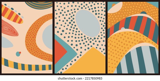 Set of three abstract pop art aesthetic backgrounds with different shapes, waves, dots, thin lines. Trendy colorful vector illustration for social networks, web design, in vintage style.