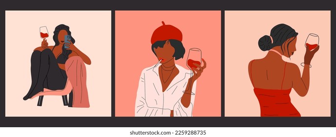 Juego de tres retratos abstractos de mujer con vasos de vino. Las mujeres beben vino. Amantes minimalistas de la vid. Ilustración vectorial de moda aislada en fondo blanco