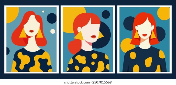 Set of three abstract portraits depicting a woman with red hair in a modern, geometric style. Bold colors and shapes create a striking visual effect, emphasizing fashion and art.