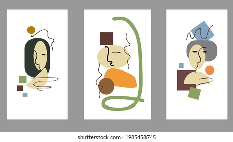 A set of three abstract portraits for wall decoration. Vector illustration