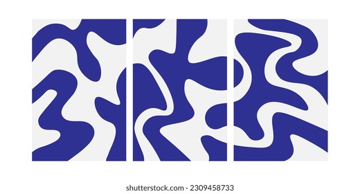 A set of three abstract posters designs. Modern wall art with organic irregular geometric shapes. Minimalistic image for creative design. Vector illustrations