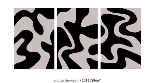 A set of three abstract posters designs. Modern wall art with organic irregular geometric shapes. Minimalistic image for creative design. Vector illustrations