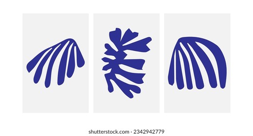 Un conjunto de tres diseños abstractos de afiches. Arte mural moderno con formas geométricas irregulares orgánicas. Imagen minimalista para diseño creativo. Ilustraciones vectoriales