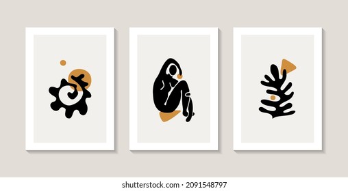 Conjunto de tres afiches abstractos con siluetas hembras y corales abstractos. Estilo matisse. 