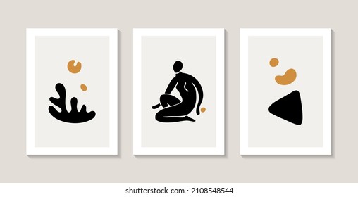 Conjunto de tres afiches abstractos con siluetas hembras y formas abstractas. Estilo matisse. 