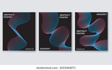 Conjunto de tres carteles abstractos con ondas de gradiente que fluyen sobre fondos oscuros. Diseños modernos y vibrantes ideales para promociones de eventos, marcas o obras de arte digitales.