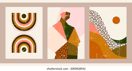 A set of three abstract posters. Modern creative minimalistic elegant illustration. Vintage aged striped background with silhouette of a man, boho rainbow, landscape with sun, tropical pattern.