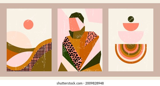 A set of three abstract posters. Modern creative minimalistic elegant illustration. Vintage aged striped background with silhouette of a man, boho rainbow, landscape with sun, tropical pattern.