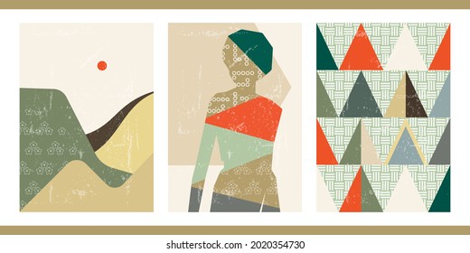 A set of three abstract posters. Modern creative minimalistic elegant illustration. Vintage aged japanese background with silhouette of a woman, geometric shapes, landscape with sun, graphic pattern.