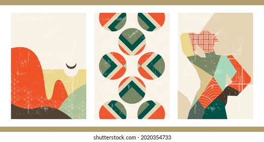 A set of three abstract posters. Modern creative minimalistic elegant illustration. Vintage aged japanese background with silhouette of a woman, geometric shapes, landscape with sun, graphic pattern.