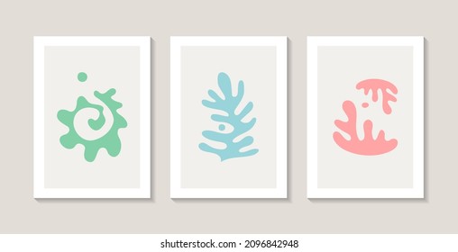 Set of three abstract posters with natural abstract corals. Matisse style. 