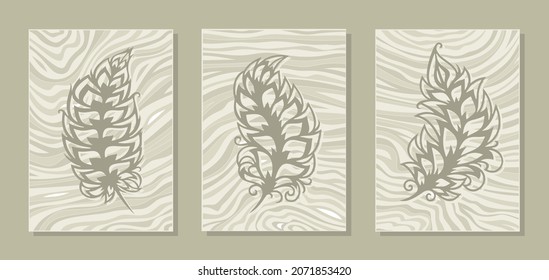 Set of three abstract posters. Painting with feather, leaf on striped background. Brown, beige, gray colors. Monochrome, calm, modern loft style. Decoration of the interior of an office, studio, home.