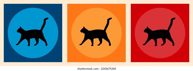 Set of three abstract Posters. Square color backgrounds. Black cats. Contemporary modern art. Trendy Vector illustrations. Every poster is isolated.