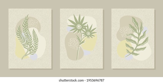 Set of three abstract posters. The theme of plants, nature, leaves, twigs. Calm, pastel, beige, gray, brown, green colors. Collection of wall paintings for decorating the interior of the office, home.