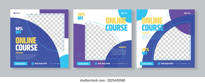 Set of three abstract quarter circles background of online course promotion banner social media pack template premium vector