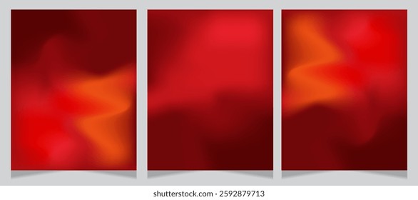 Set of three abstract red and orange gradient backgrounds with smooth, fluid textures. Vibrant and dynamic, perfect for modern designs, digital art, and creative projects
