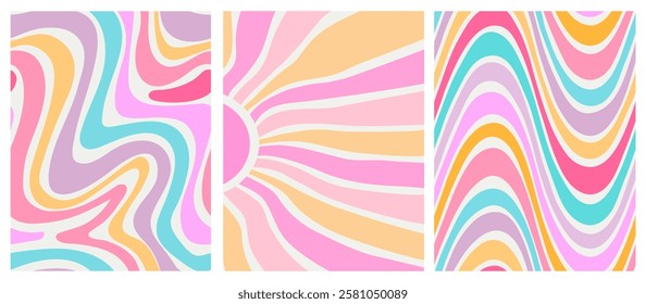 Set of three abstract retro backgrounds with wavy pastel patterns in pink, blue, yellow, and purple, inspired by 70s aesthetics and modern digital art. Vector illustration 