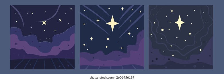 Set Of Three Abstract Retro Night Sky Poster Background Star Clouds Dark Purple Vector Design