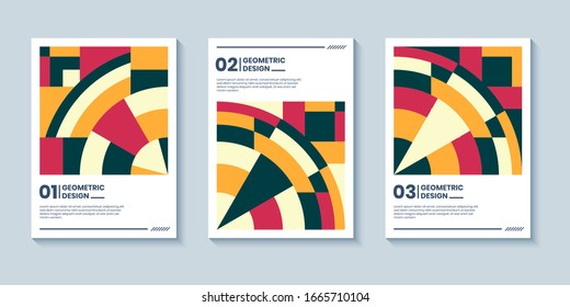 Set of three abstract retro style covers backgrounds with geometric shape. Colorful geometry backgrounds, applicable for Cover, Poster, Card Design