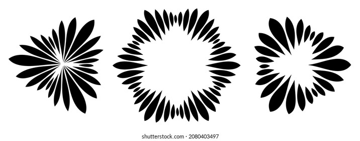 Set of three abstract shapes, circular ornaments from hand drawn elements, striped frame. Decorative patterns isolated on white background. Vector monochrome illustration.