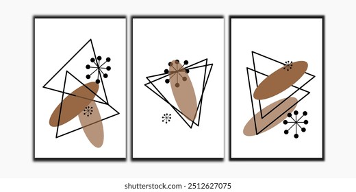 Set of three abstract simple line art wall decorations. Minimalist bauhaus wall art vector poster.