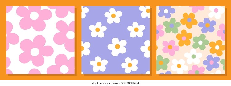 Set of three abstract square seamless patterns with vintage groovy daisy flowers. Retro floral vector background surface design, textile, stationery, wrapping paper, covers. 60s, 70s, 80s style - Shutterstock ID 2087938984