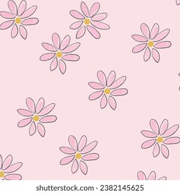 Set of three abstract square seamless patterns with vintage groovy daisy flowers. Retro floral vector background surface design