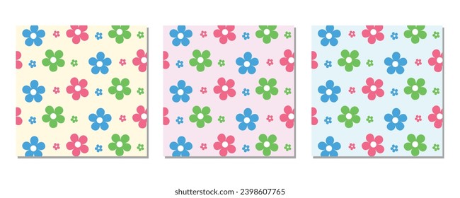 Conjunto de tres patrones cuadrados abstractos sin costura con flores de margarita de groovía vintage. Diseño retro de superficie de fondo vectorial floral, textil, papelería, papel envolvente, cubiertas. Años 60, 70, 80