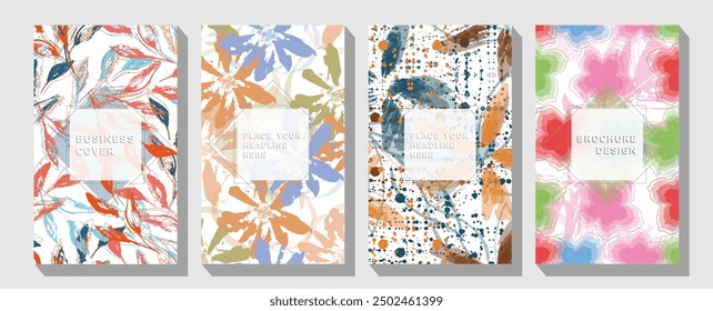 Set of three abstract square seamless patterns with vintage groovy daisy flowers.  Gingko and botanical line art wallpaper. 