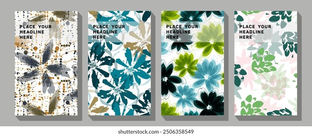 Set of three abstract square seamless patterns with vintage groovy daisy flowers.  Cover, poster, wallpaper. Minimalistic retro postcards.