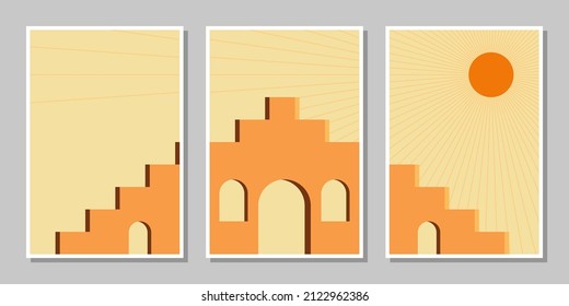 Set of three abstract stair posters mid century architecture boho art print wall decor