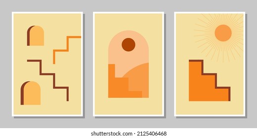 Set of three abstract stair posters mid century architecture boho art print wall decor