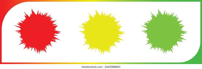 A set of three abstract starburst icons in red, yellow, and green. The icons feature a spiky, vibrant design, presented in a modern glyph style.The graphics are fully scalable and editable.