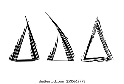 Set of three abstract triangular shapes. Black logos for design and decor. Brush strokes hatching . Christmas trees or sailing ships, letter A