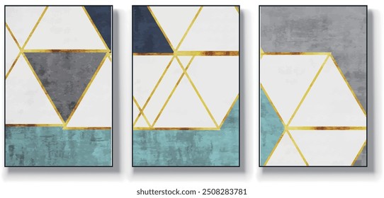 Conjunto de três planos de fundo minimalistas vetoriais abstratos. Ilustrações desenhadas à mão com padrões geométricos de arte,