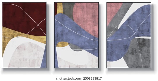 Conjunto de três planos de fundo minimalistas vetoriais abstratos. Ilustrações desenhadas à mão com padrões geométricos de arte,